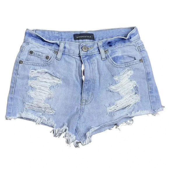 Aeropostale High-Rise Cheeky Shorts Shorty Denim Sz 2 Light Blue Distressed Y2K - Picture 2 of 7